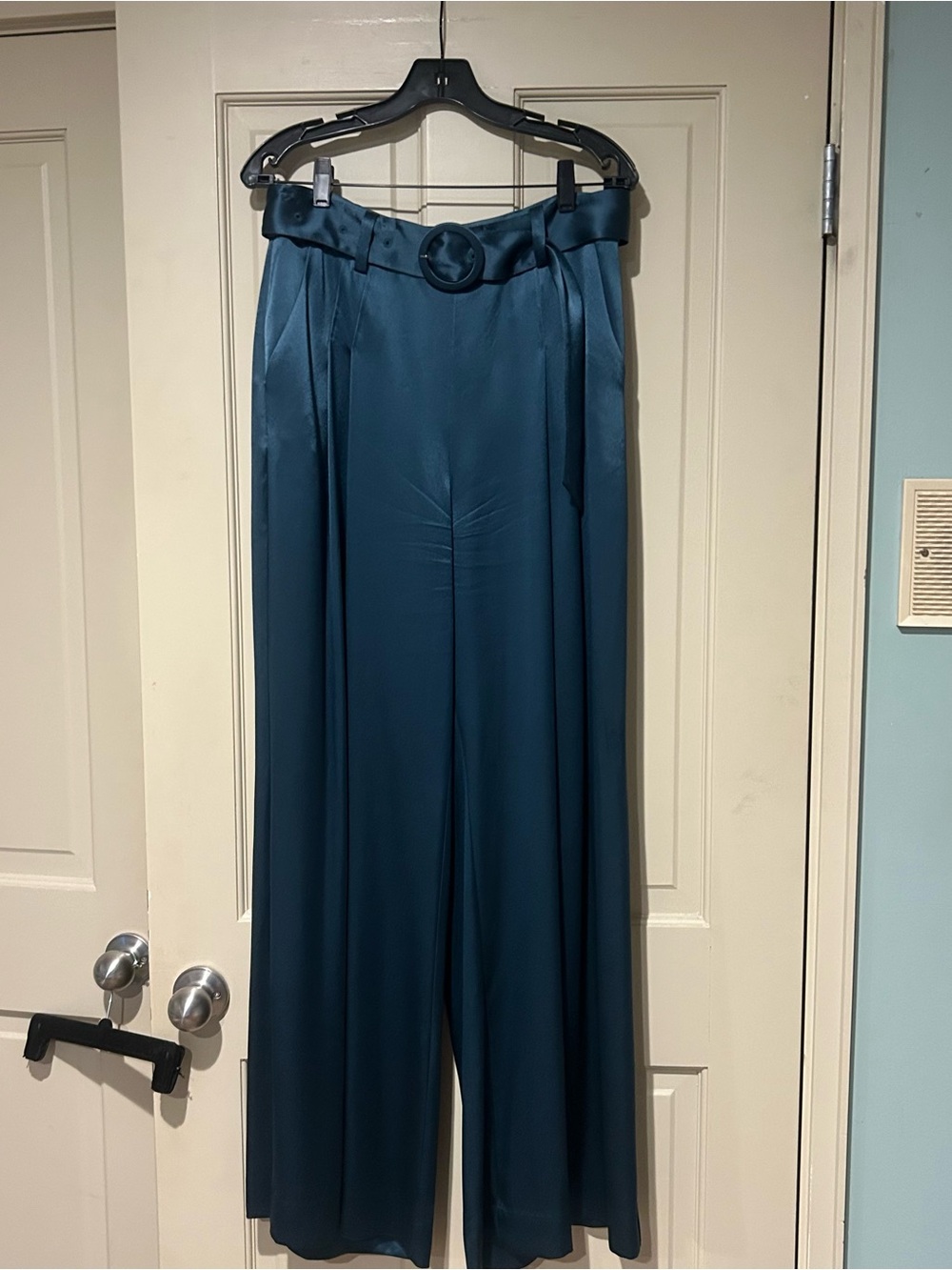 Cinq a Sept Satin Pants in Teal with Belt
